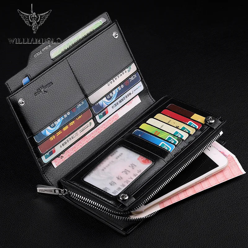 WilliamPOLO Male Genuine Leather Wallets Men Wallet Credit Business Card Holders Fashion Mobile Phone Bag Zipper Purse Handbag