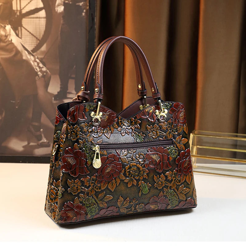 Light Luxury PU Leather Tote Bag Large Capacity Crossbody Women Bag Fashion Vintage Flower Pattern Purse and Handbag