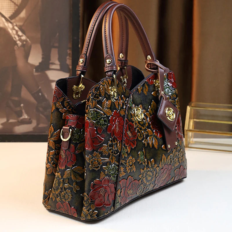 Light Luxury PU Leather Tote Bag Large Capacity Crossbody Women Bag Fashion Vintage Flower Pattern Purse and Handbag