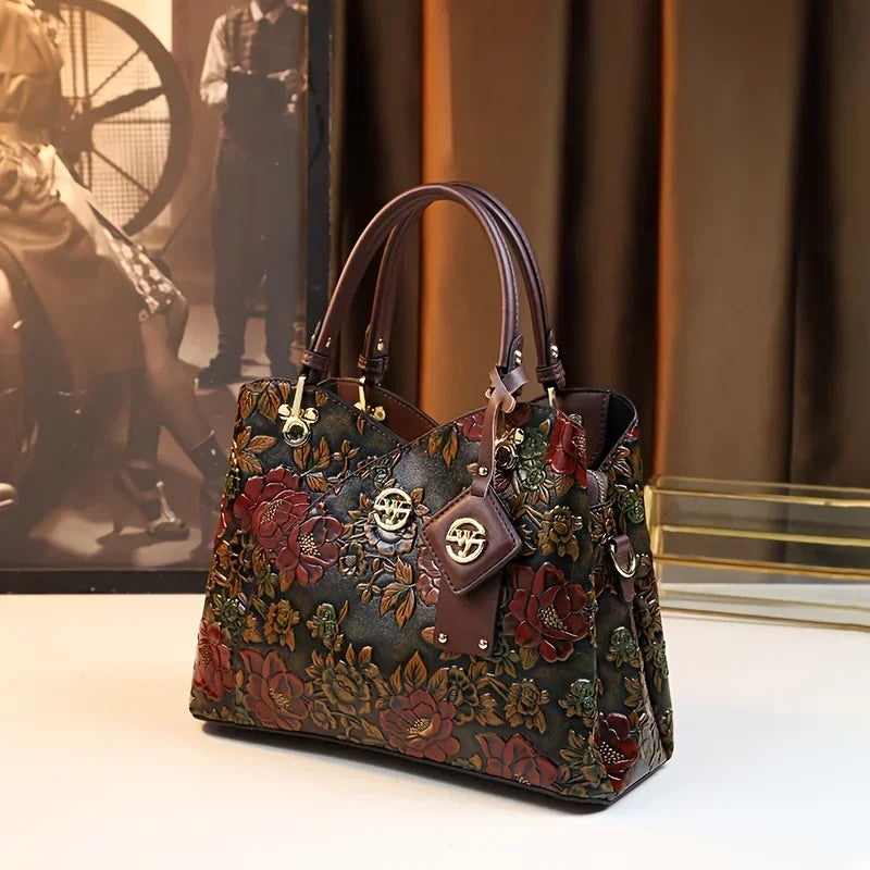 Light Luxury PU Leather Tote Bag Large Capacity Crossbody Women Bag Fashion Vintage Flower Pattern Purse and Handbag
